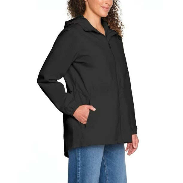 Lands’ End Women’s Black Hooded Rain Jacket With Pouch New With Tags