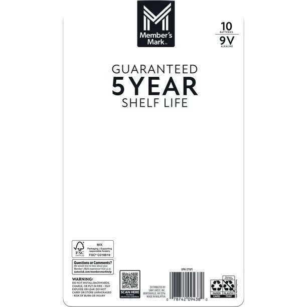 10PK Member's Mark 9V Alkaline Batteries