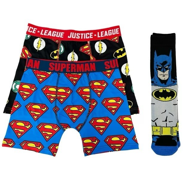 Justice League Men's 2 Pack Boxer Brief with Athletic Crew Socks Set