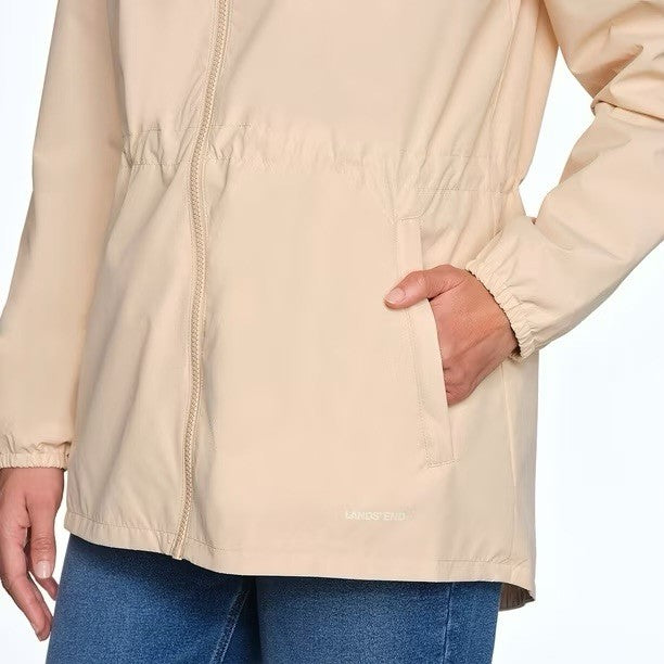 Lands’ End Women’s Cream Hooded Rain Jacket With Pouch New With Tags