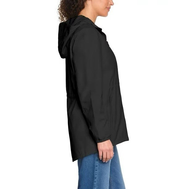 Lands’ End Women’s Black Hooded Rain Jacket With Pouch New With Tags