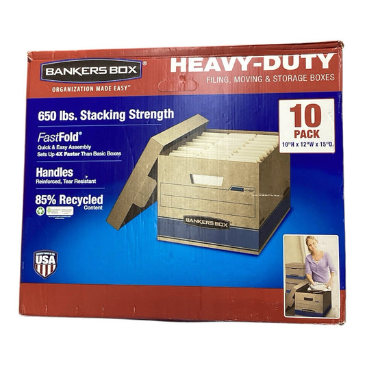 Bankers Box Heavy Duty Storage Boxes, 10" x 12" x 15" 10 Pack, Kraft Brown