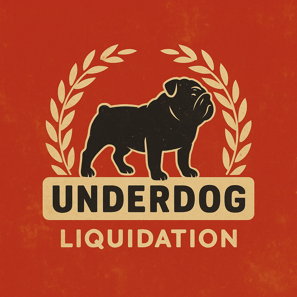 Logo of 'Underdog Liquidation' with a black dog silhouette and laurel wreath on a red background.